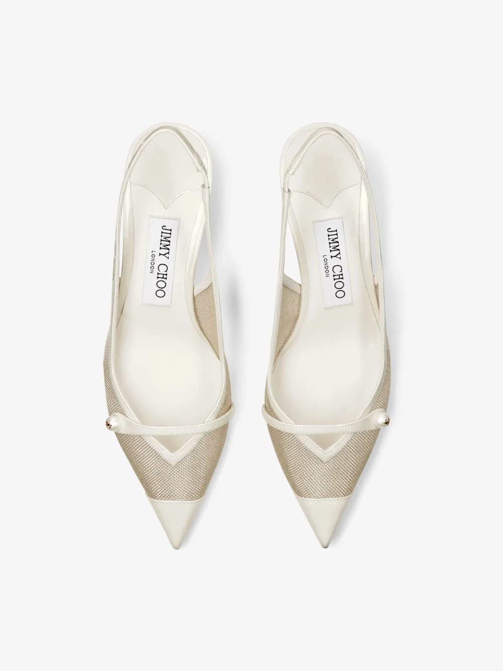 Back view of the Jimmy Choo Amita 45 Latte and Champagne Patent and Metallic Mesh Sling Back Pumps