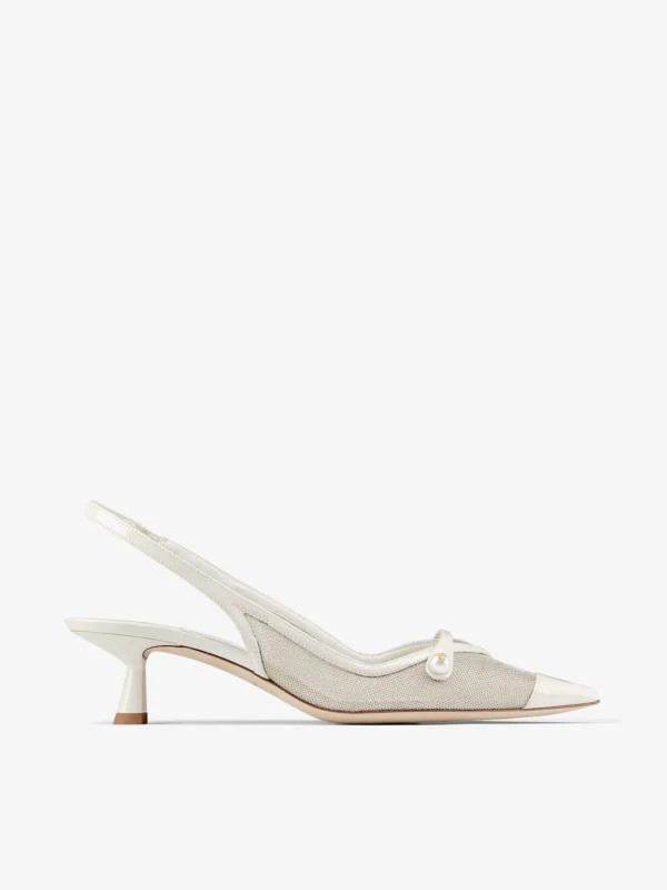 Jimmy Choo Amita 45 Latte and Champagne Patent and Metallic Mesh Sling Back Pumps