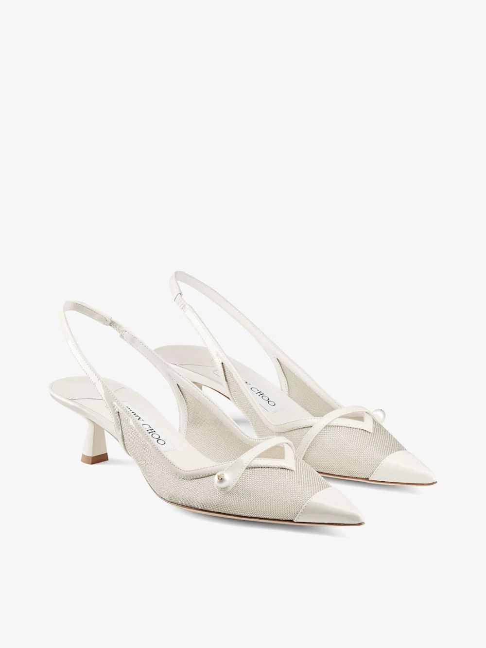 Side view of the Jimmy Choo Amita 45 Latte and Champagne Patent and Metallic Mesh Sling Back Pumps