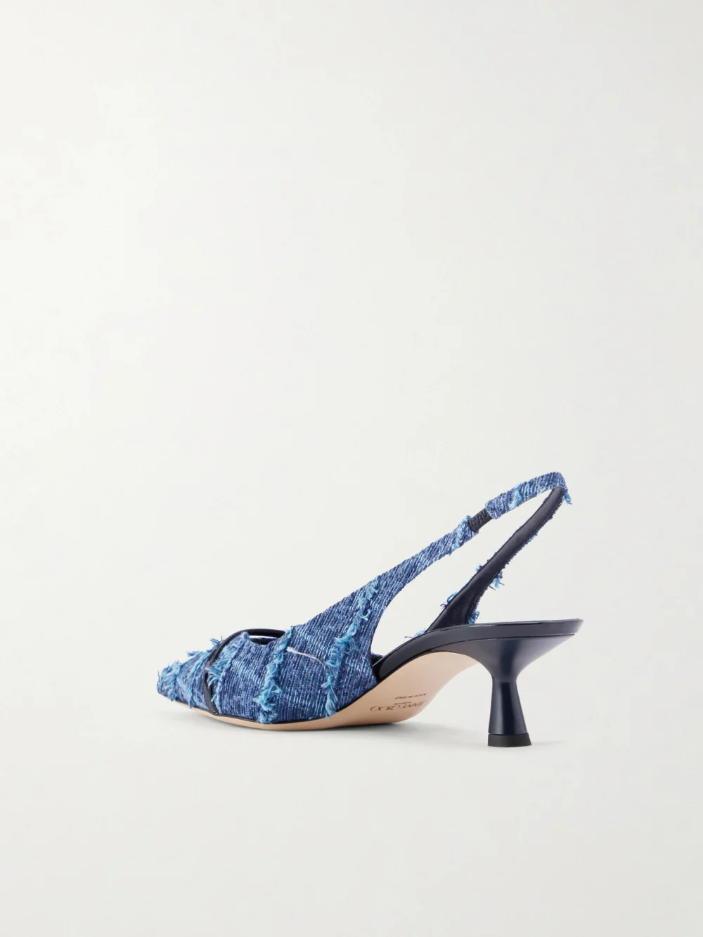 Back view of the Jimmy Choo Amita 45 Leather-trimmed Frayed Denim Slingback Pumps