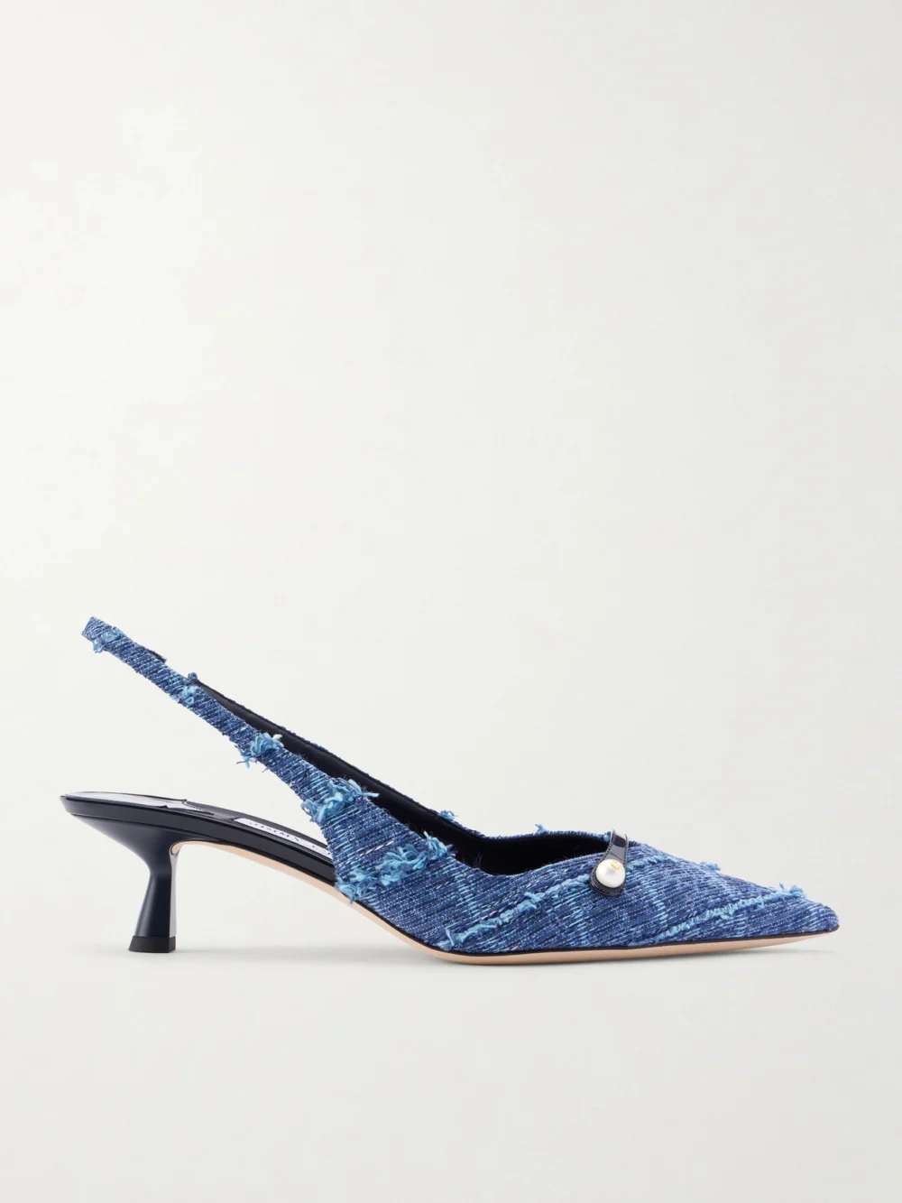 Jimmy Choo Amita 45 Leather-trimmed Frayed Denim Slingback Pumps in mid denim