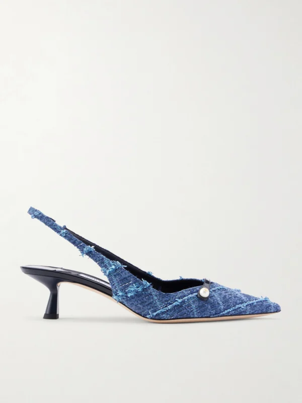 Jimmy Choo Amita 45 Leather-trimmed Frayed Denim Slingback Pumps