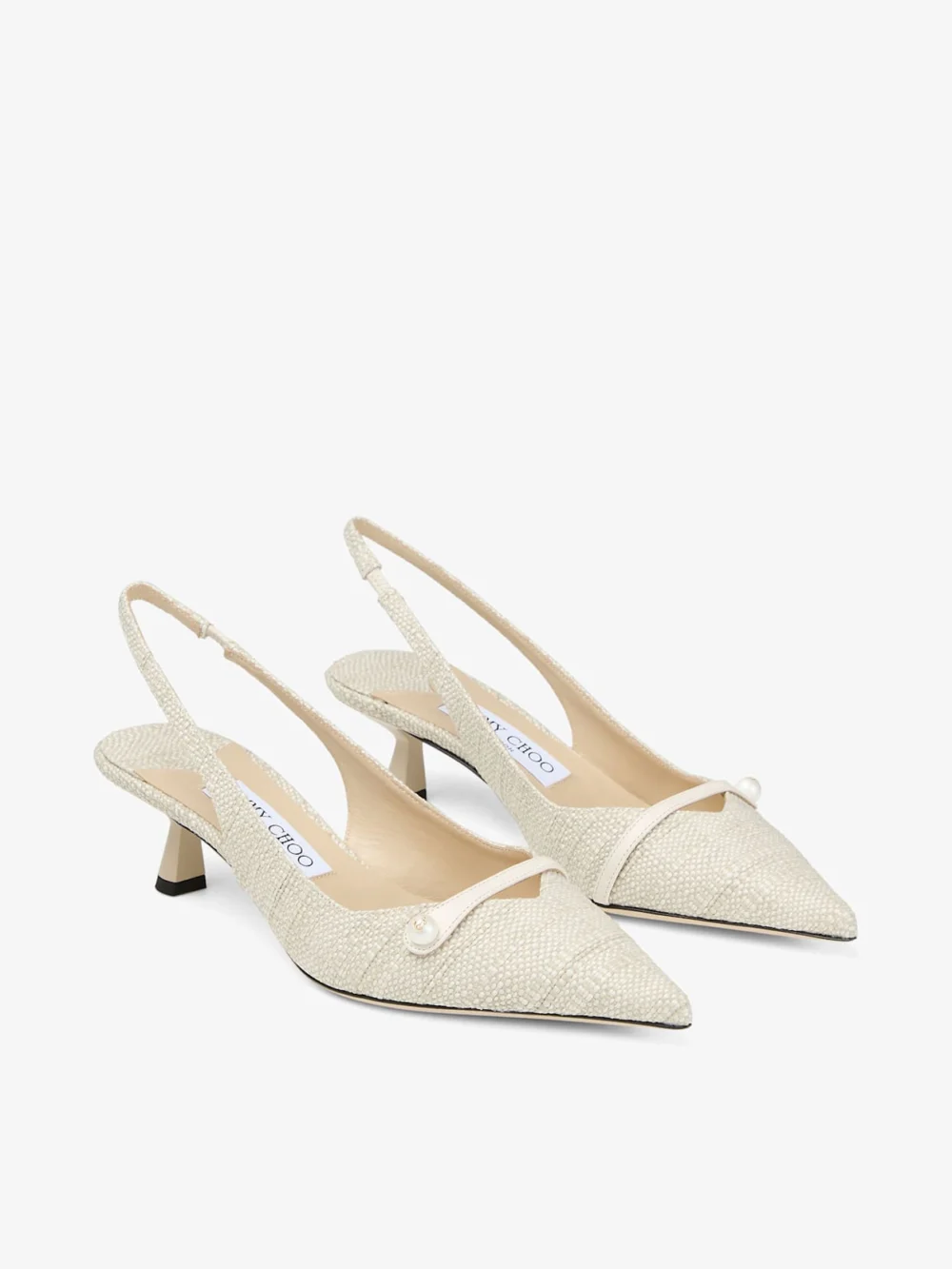 Close-up detail of the Jimmy Choo Amita 45 Natural Fine Raffia Slingbacks
