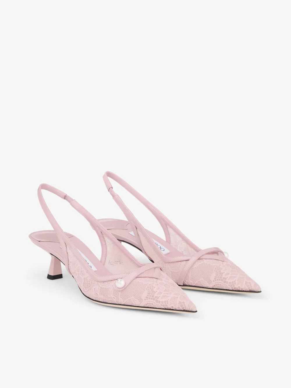 Close-up detail of the Jimmy Choo Amita 45 Rose Jimmy Choo Lace and Spazzolato Slingbacks
