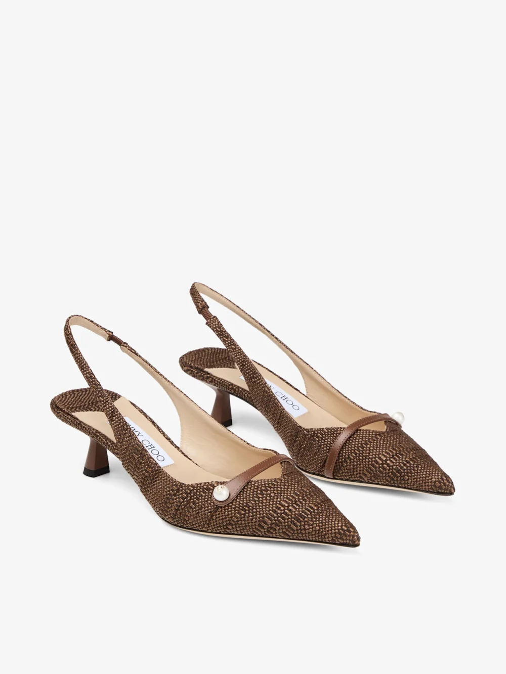 Close-up detail of the Jimmy Choo Amita 45 Tan Fine Raffia Slingbacks