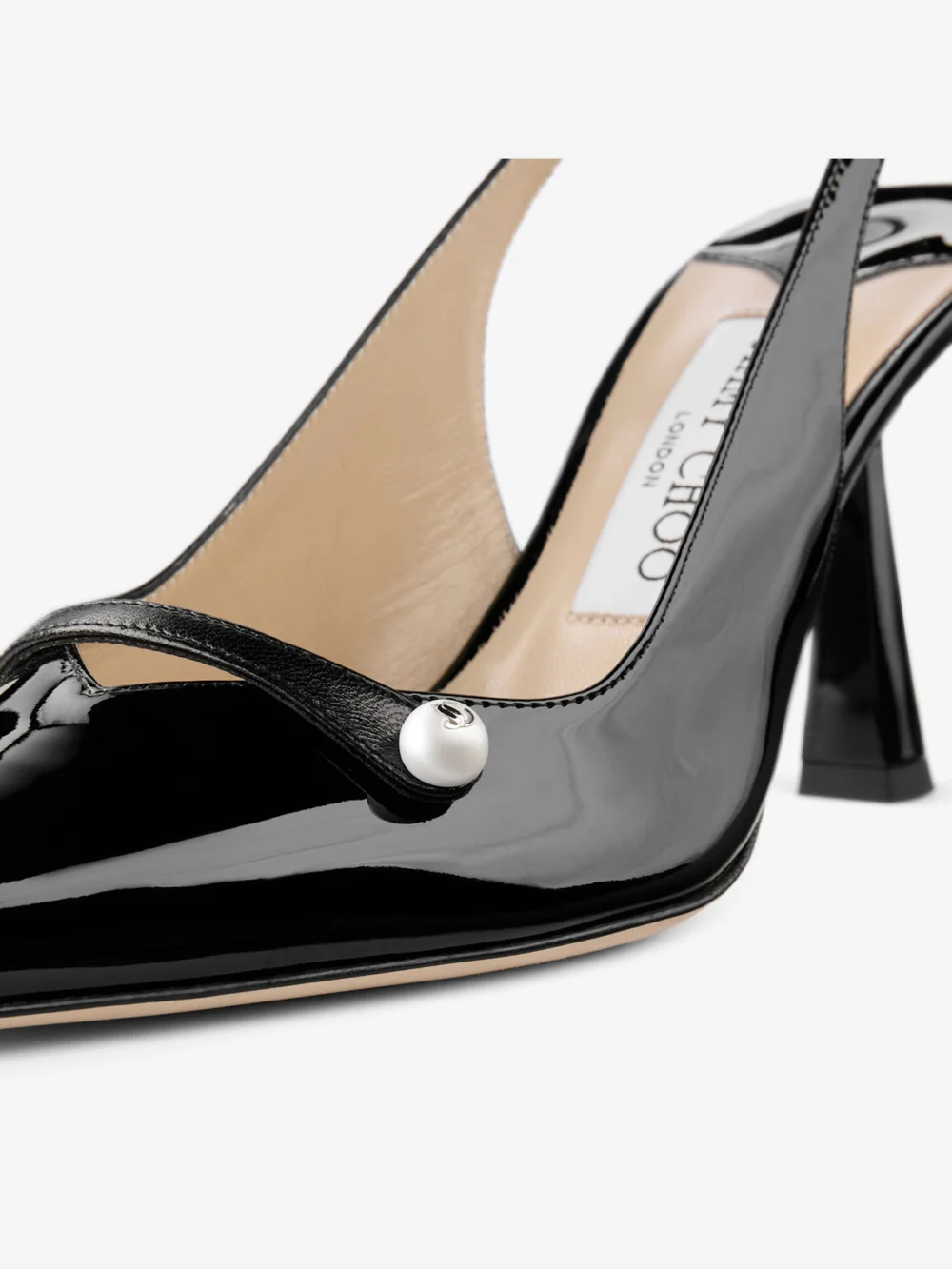Back view of the Jimmy Choo Amita 85 Black Patent Nappa Leather Slingbacks
