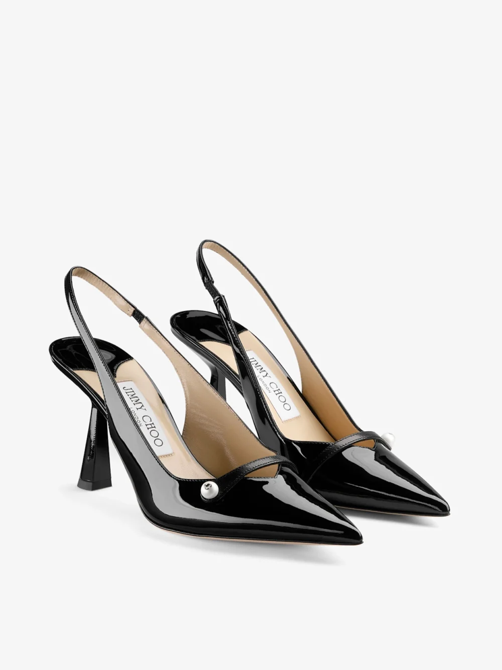 Close-up detail of the Jimmy Choo Amita 85 Black Patent Nappa Leather Slingbacks