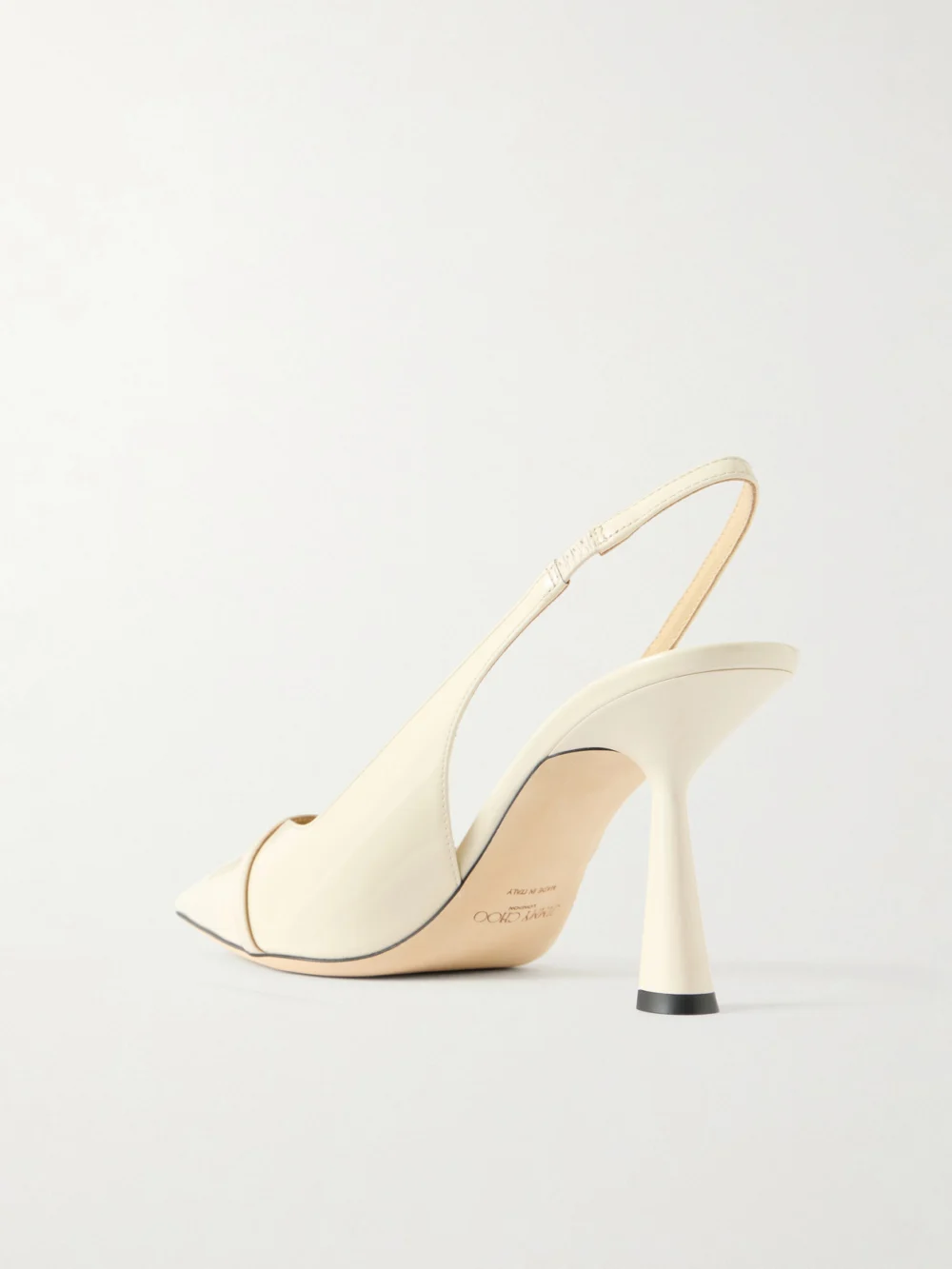 Back view of the Jimmy Choo Amita 85 Embellished Patent-leather Slingback Pumps