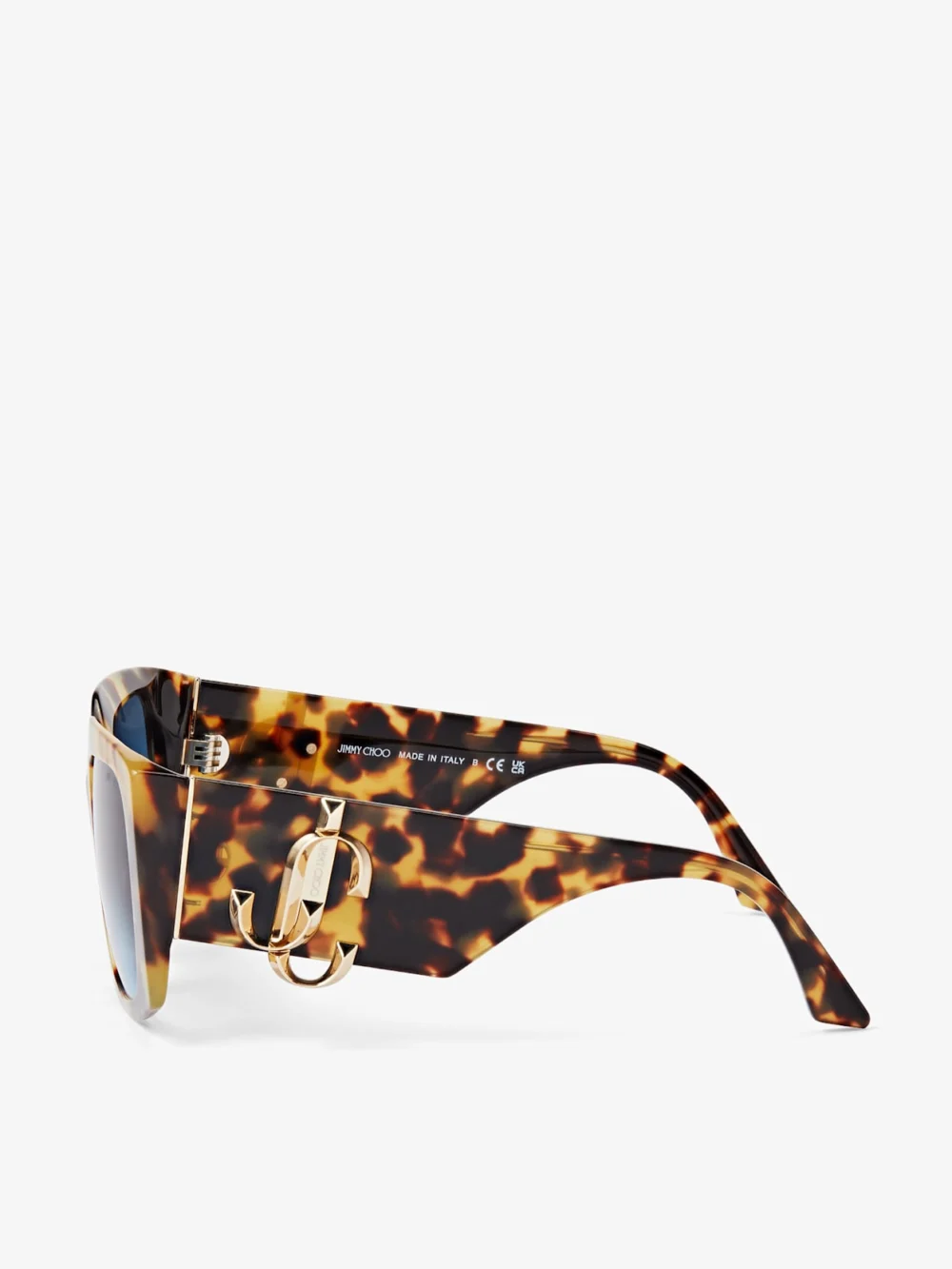 Close-up detail of the Jimmy Choo Ariana Yellow Havana Square Frame Sunglasses