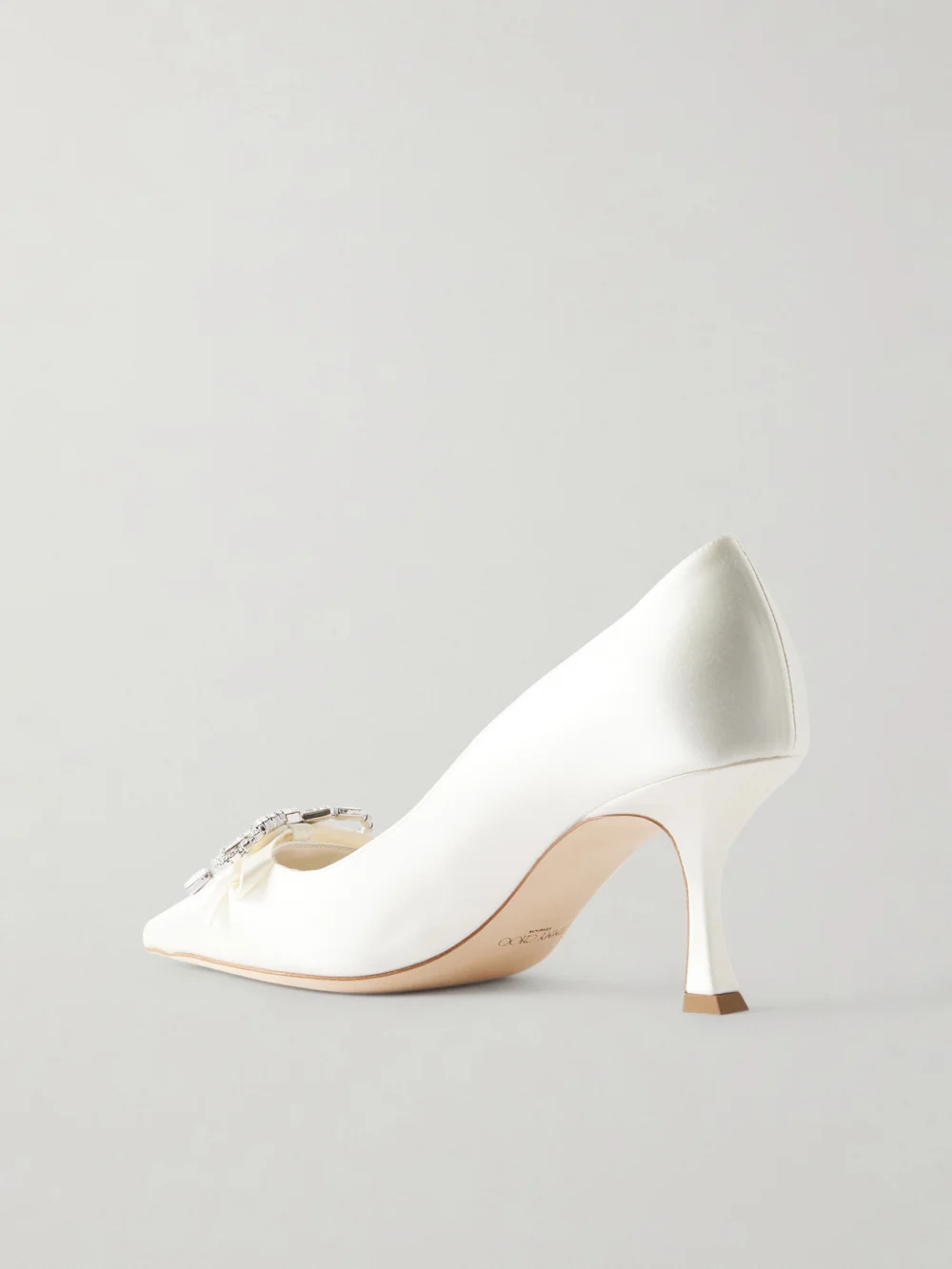Back view of the Jimmy Choo Aura 70 Crystal Bow-embellished Satin Pumps