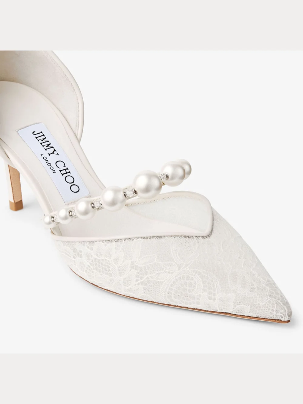 Back view of the Jimmy Choo Aurelie 65 Ivory Jimmy Choo Lace Pumps with Pearl Embellishment