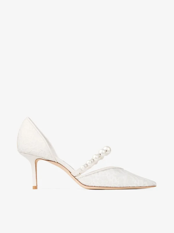Jimmy Choo Aurelie 65 Ivory Jimmy Choo Lace Pumps with Pearl Embellishment