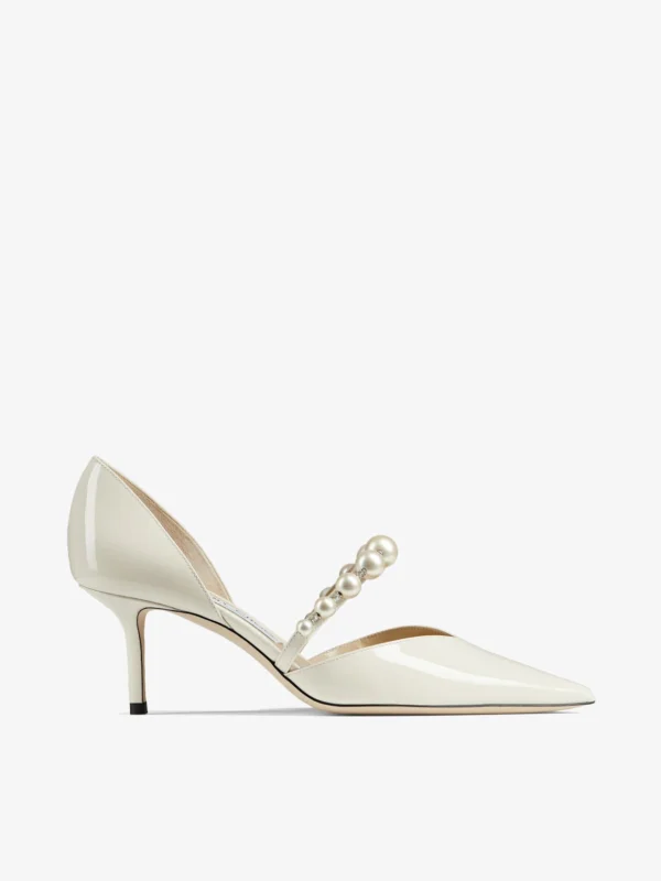 Jimmy Choo Aurelie 65 Latte Patent Leather Pointed Pumps with Pearl Embellishment