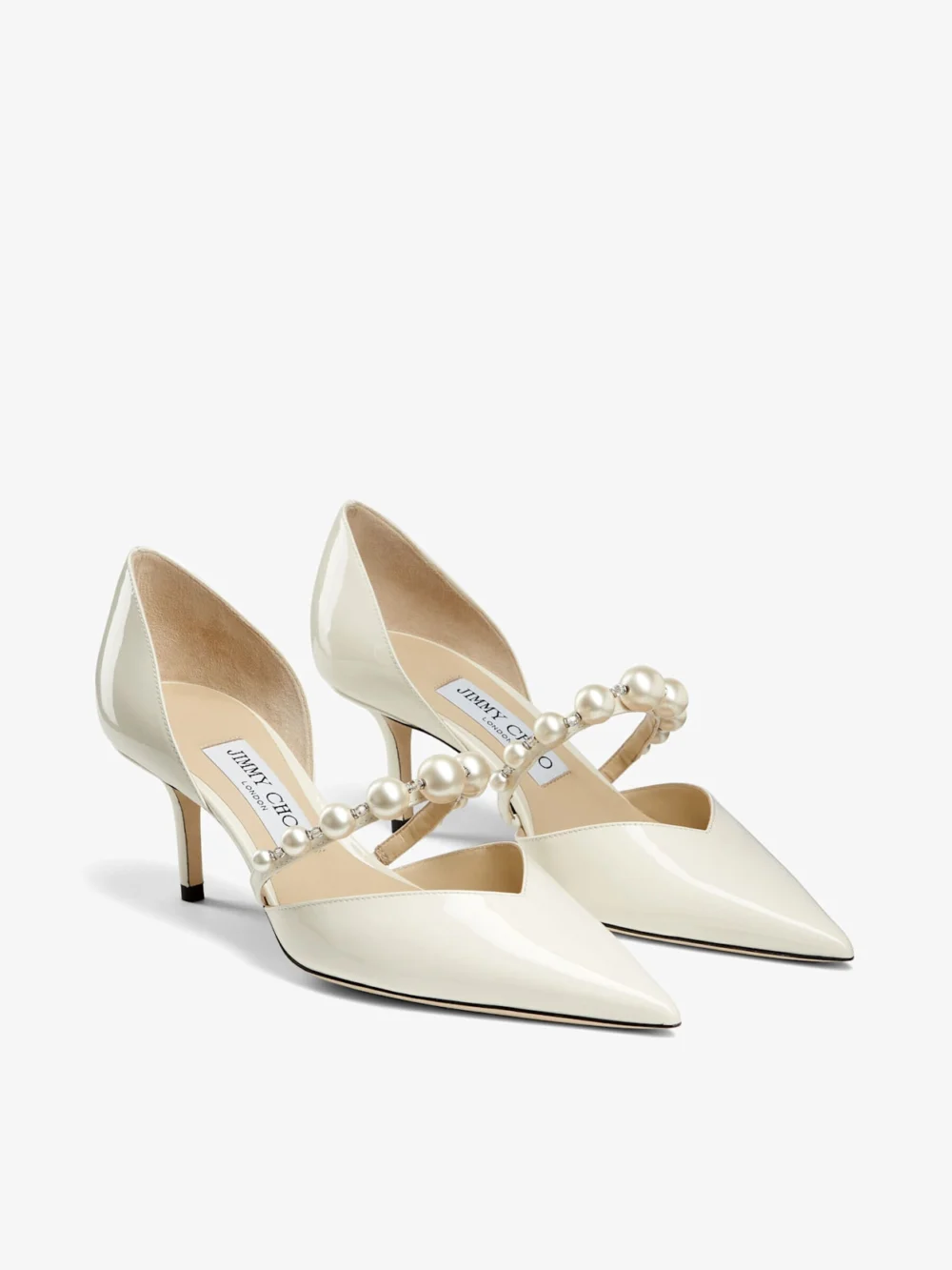 Side view of the Jimmy Choo Aurelie 65 Latte Patent Leather Pointed Pumps with Pearl Embellishment