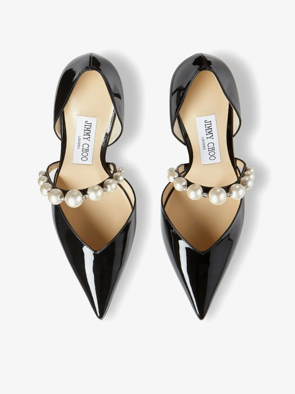 Back view of the Jimmy Choo Aurelie 85 Black Patent Leather Pointed Pumps with Pearl Embellishment