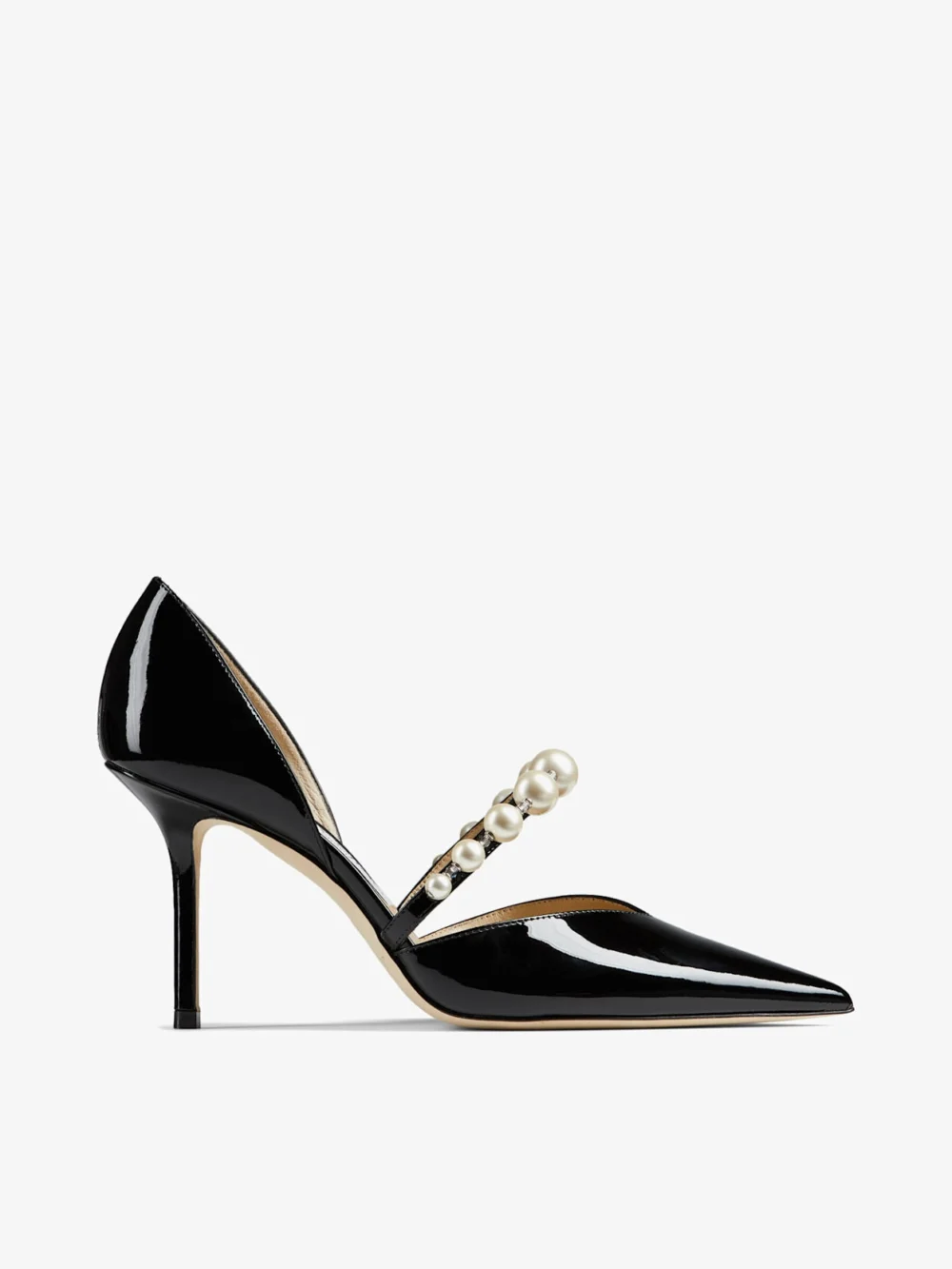 Jimmy Choo Aurelie 85 Black Patent Leather Pointed Pumps with Pearl Embellishment in black