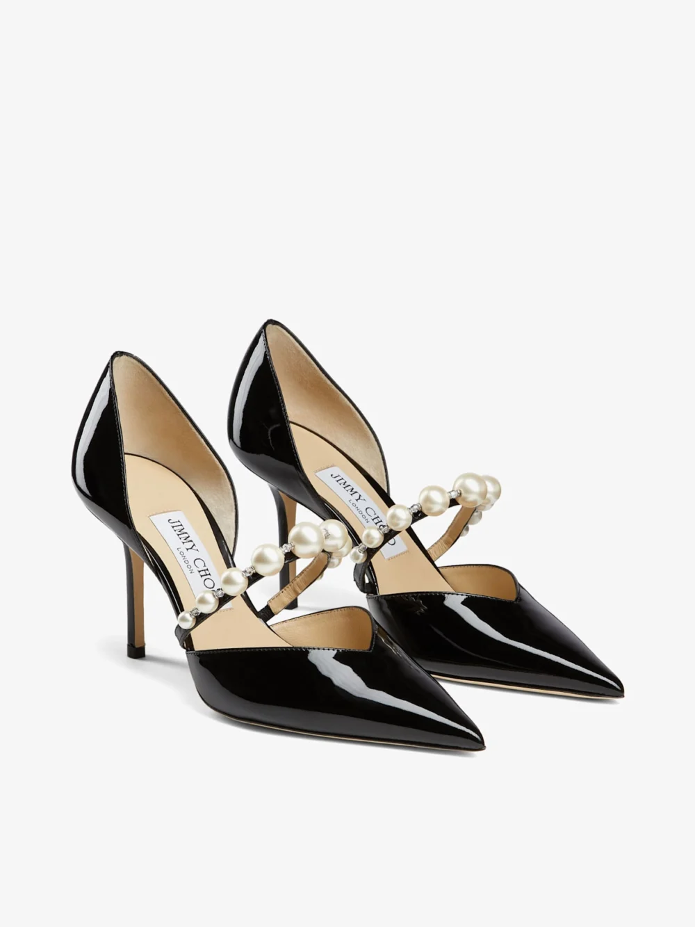Side view of the Jimmy Choo Aurelie 85 Black Patent Leather Pointed Pumps with Pearl Embellishment