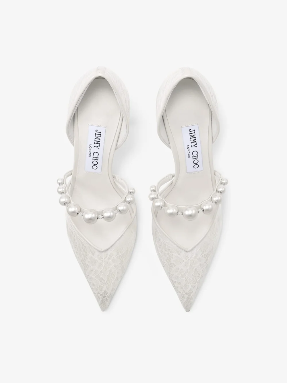 Back view of the Jimmy Choo Aurelie 85 Ivory Jimmy Choo Lace Pumps with Pearl Embellishment