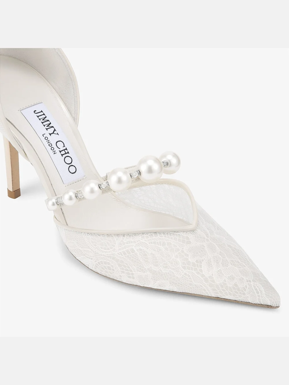 Close-up detail of the Jimmy Choo Aurelie 85 Ivory Jimmy Choo Lace Pumps with Pearl Embellishment