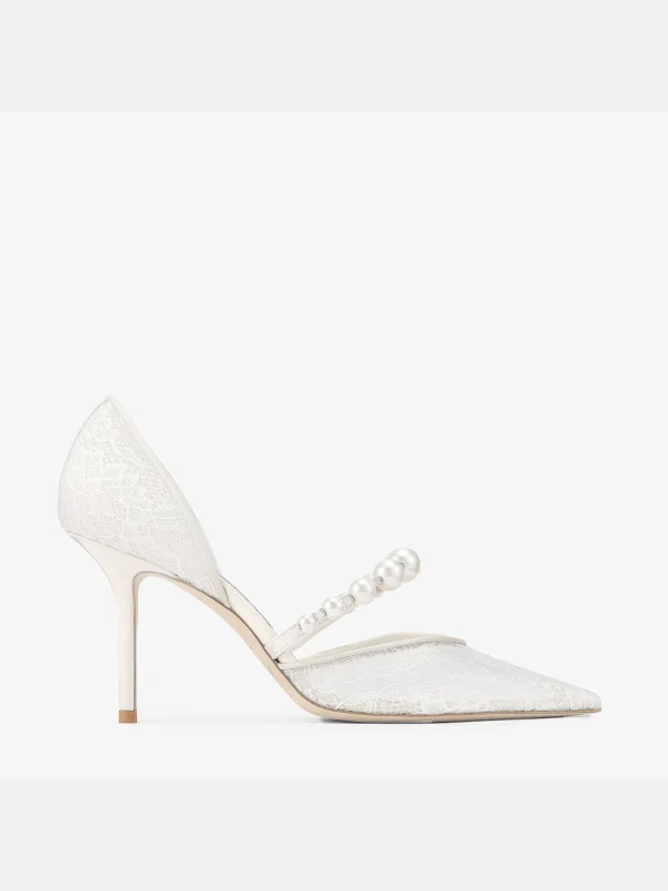 Jimmy Choo Aurelie 85 Ivory Jimmy Choo Lace Pumps with Pearl Embellishment