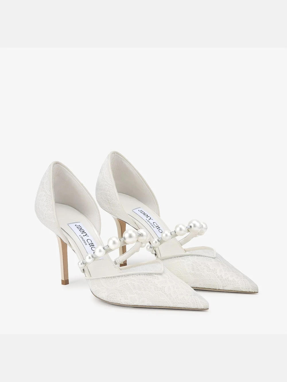 Side view of the Jimmy Choo Aurelie 85 Ivory Jimmy Choo Lace Pumps with Pearl Embellishment