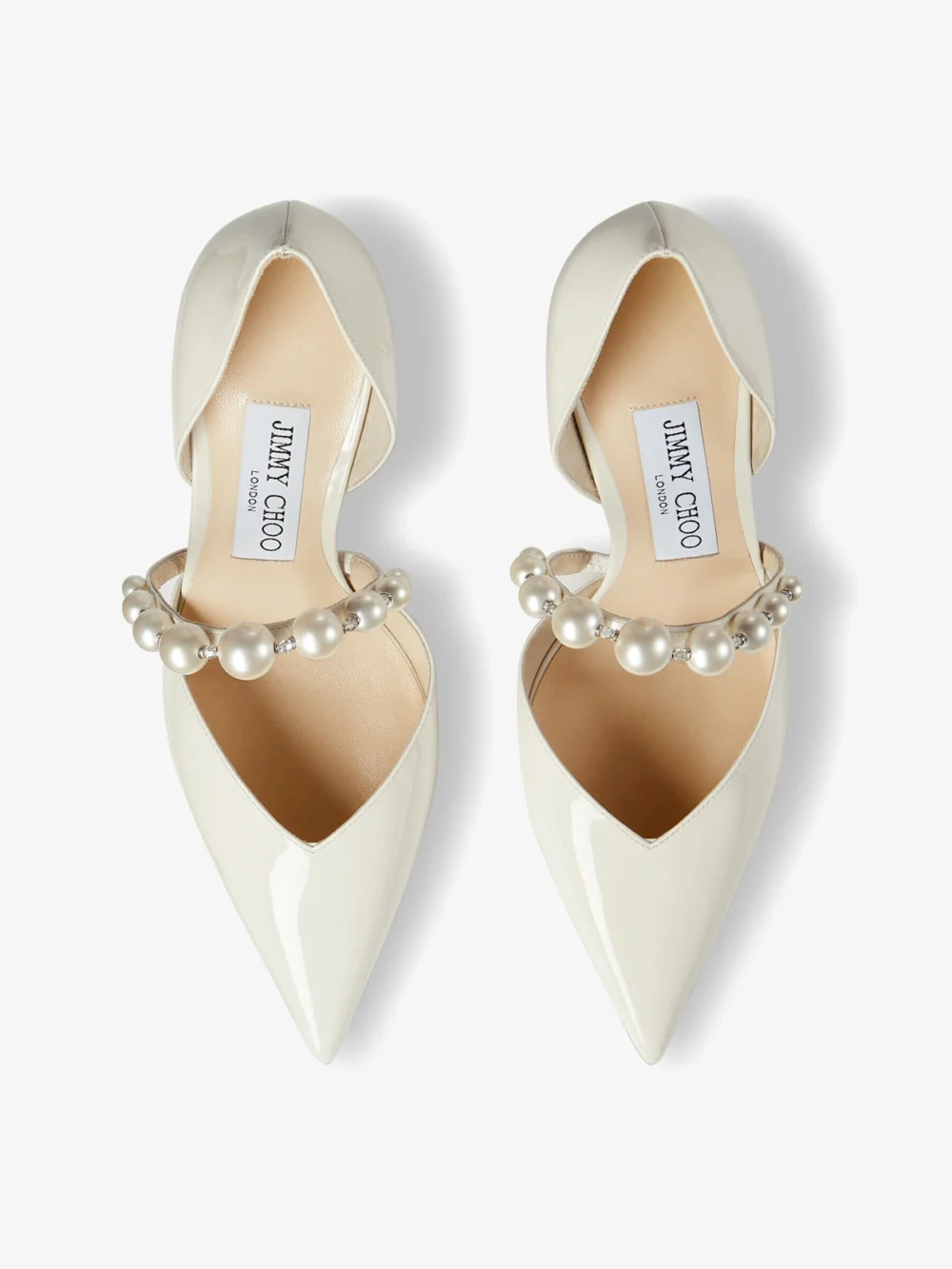 Back view of the Jimmy Choo Aurelie 85 Latte Patent Leather Pointed Pumps with Pearl Embellishment