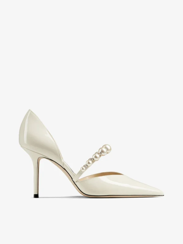 Jimmy Choo Aurelie 85 Latte Patent Leather Pointed Pumps with Pearl Embellishment