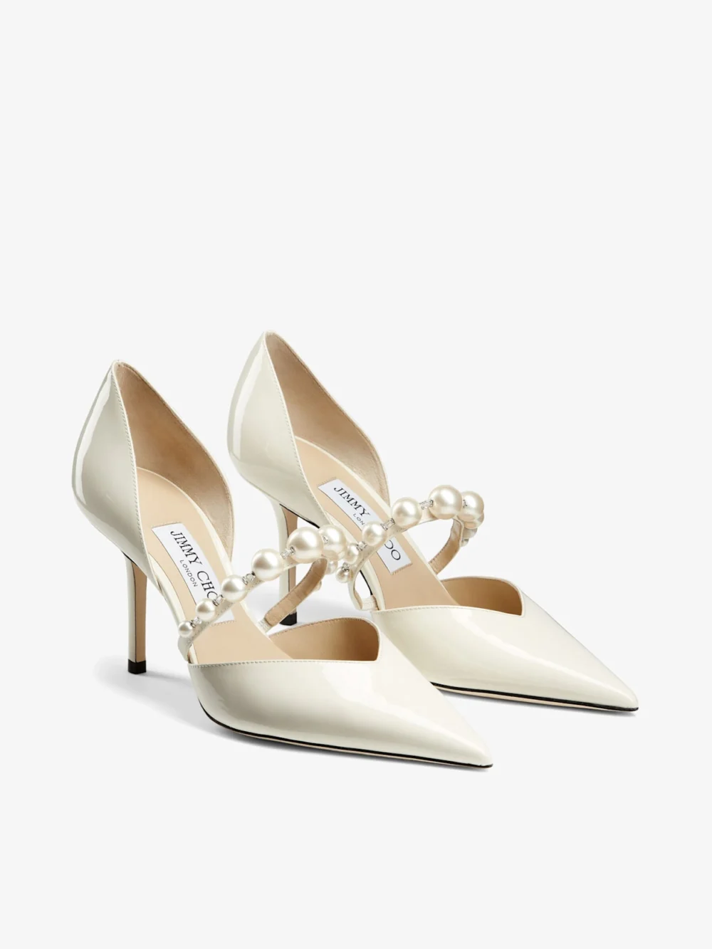 Side view of the Jimmy Choo Aurelie 85 Latte Patent Leather Pointed Pumps with Pearl Embellishment