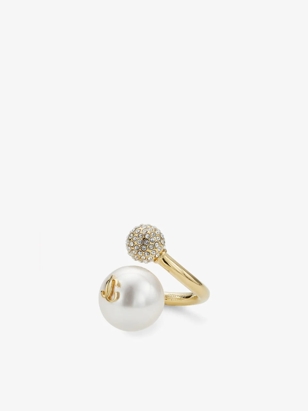 Close-up detail of the Jimmy Choo Auri Ring Gold Finish Metal Pearl and Crystal Ring