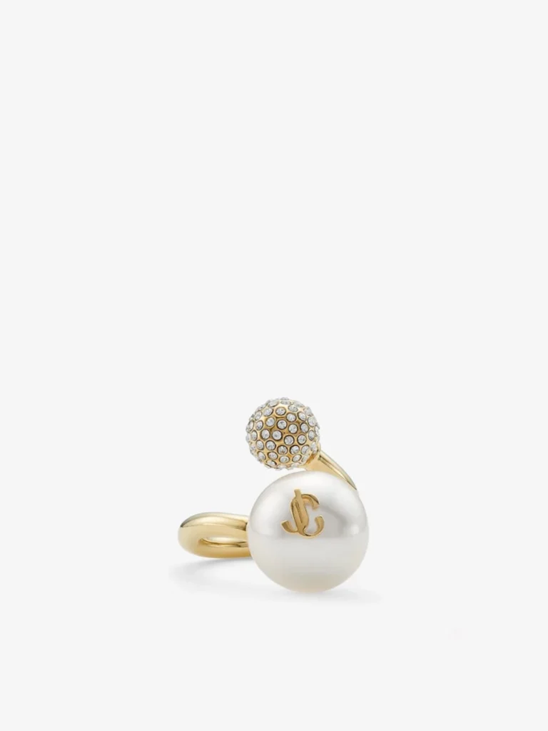 Jimmy Choo Auri Ring Gold Finish Metal Pearl and Crystal Ring