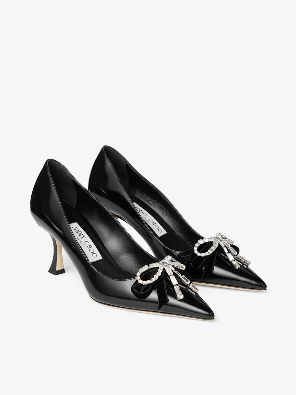 Side view of the Jimmy Choo Auria 70 Black Soft Spazzolato Pumps with Velvet and Crystal Bow