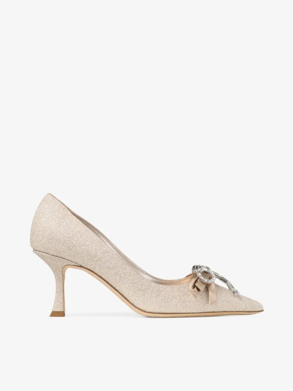 Jimmy Choo Auria 70 Light Soft Gold Caviar Glitter Fabric Pumps with Crystal Embellished Bows
