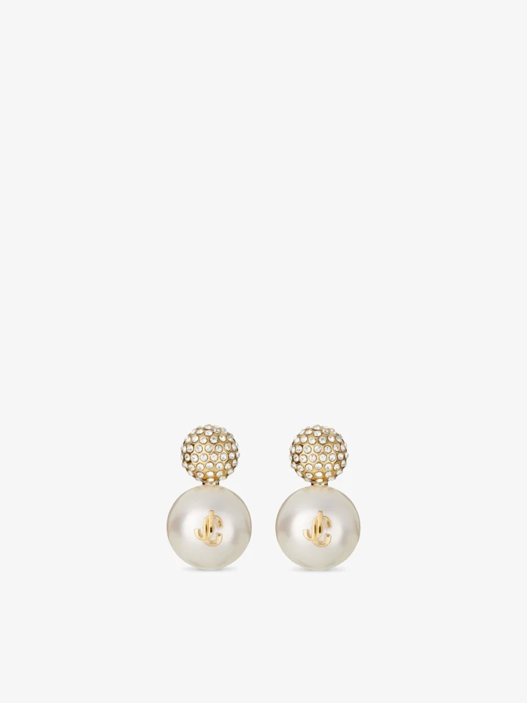 Jimmy Choo Aurie Earrings Gold Finish Pearl and Crystal Earrings