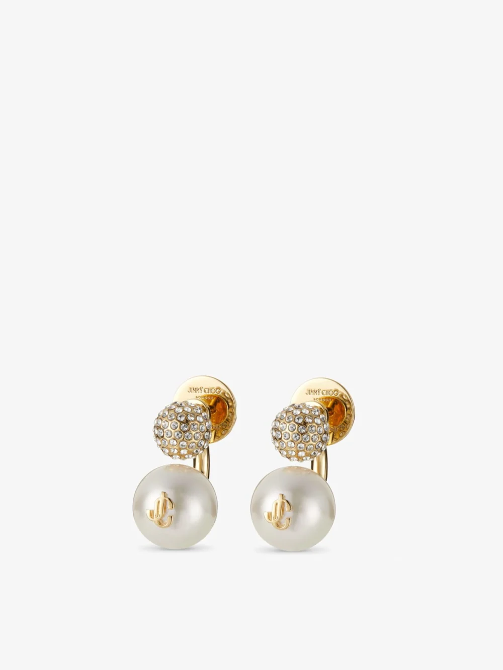 Side view of the Jimmy Choo Aurie Earrings Gold Finish Pearl and Crystal Earrings