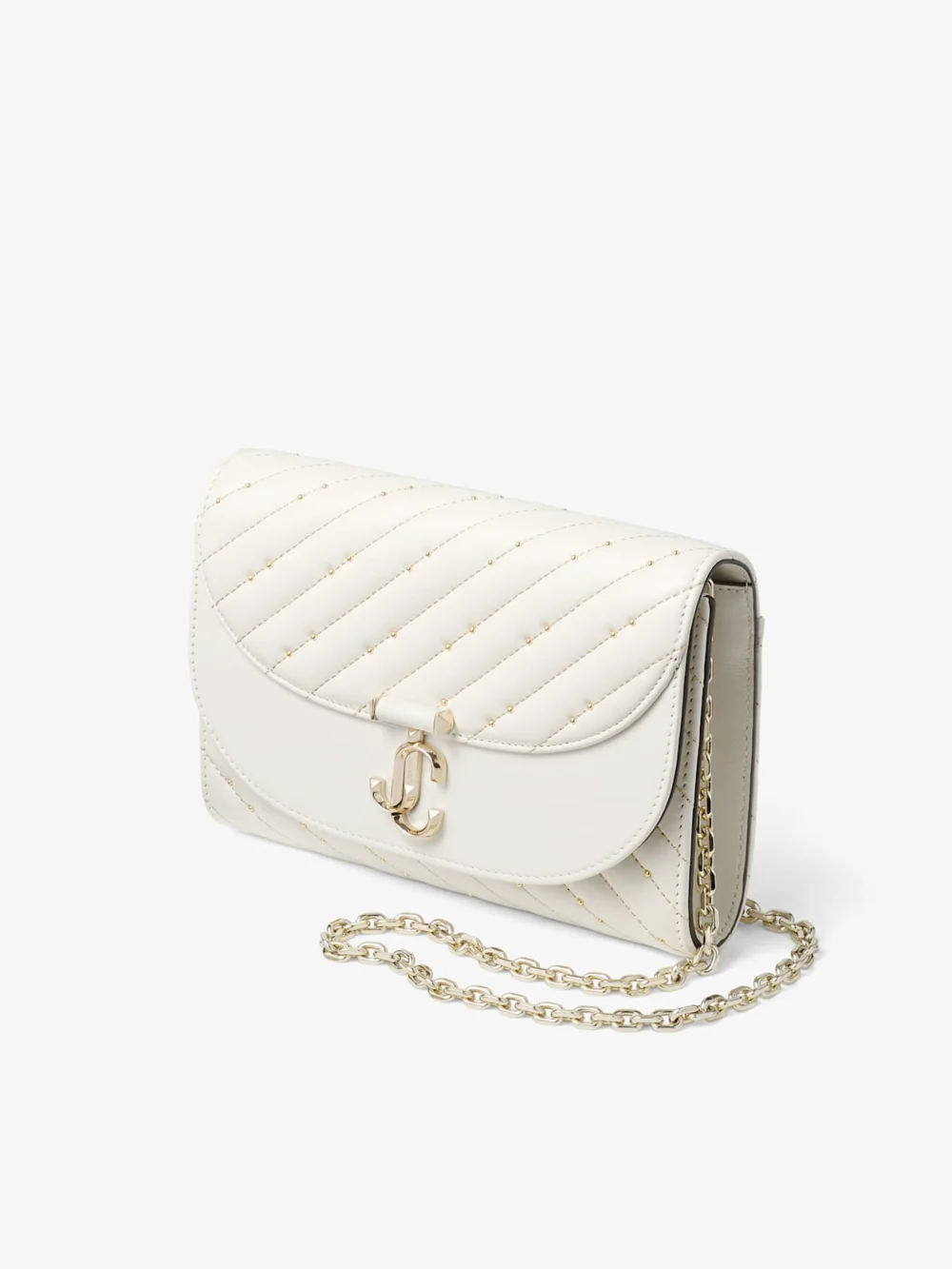 Close-up detail of the Jimmy Choo Avenue Curve Clutch Latte Quilted Nappa Leather Clutch Bag