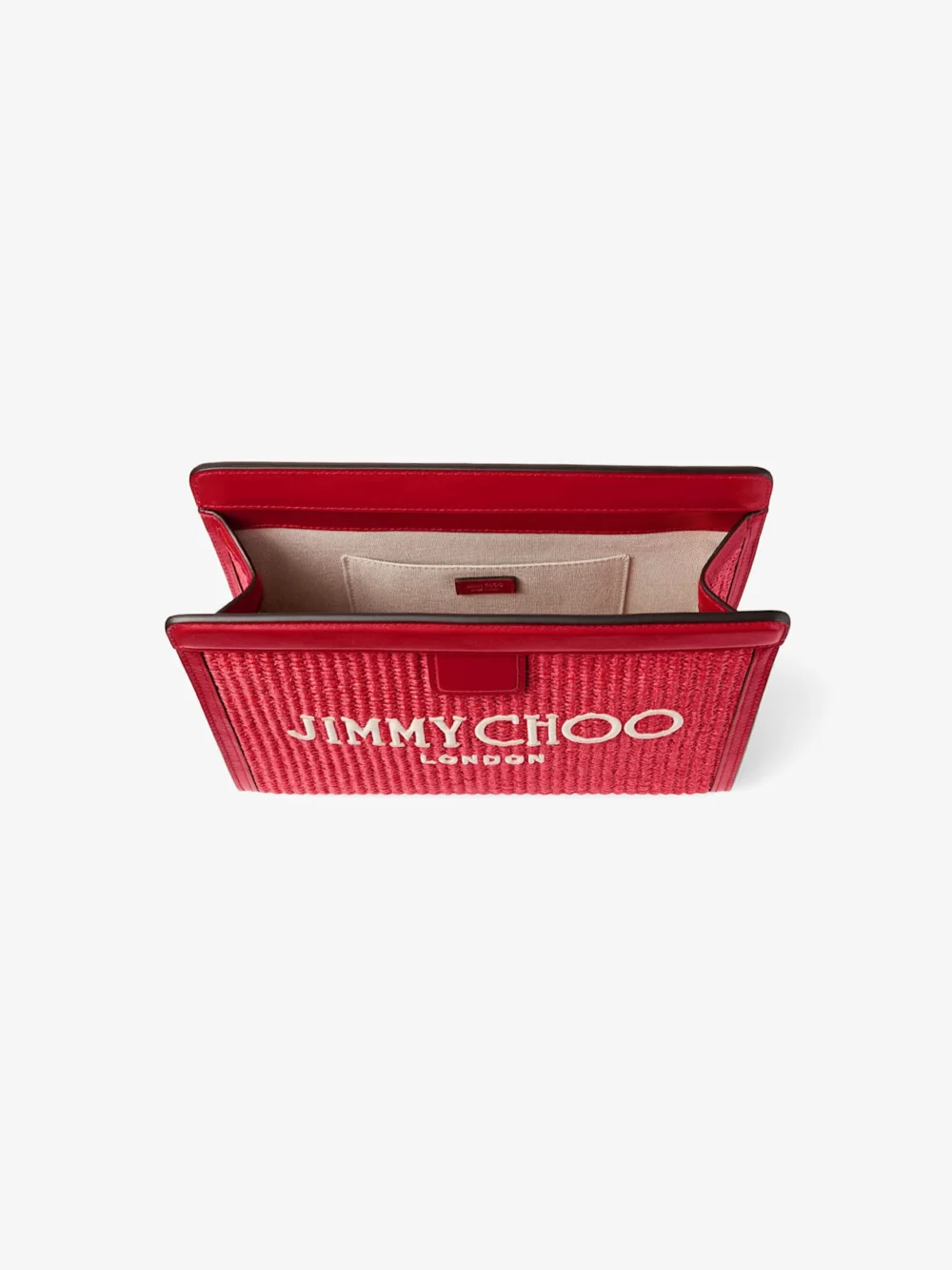 Back view of the Jimmy Choo Avenue London Pouch Ruby Red and Light Gold Embroidered Raffia and Leather Pouch