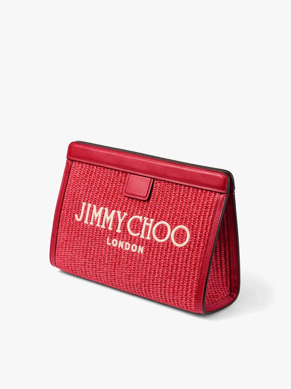 Close-up detail of the Jimmy Choo Avenue London Pouch Ruby Red and Light Gold Embroidered Raffia and Leather Pouch