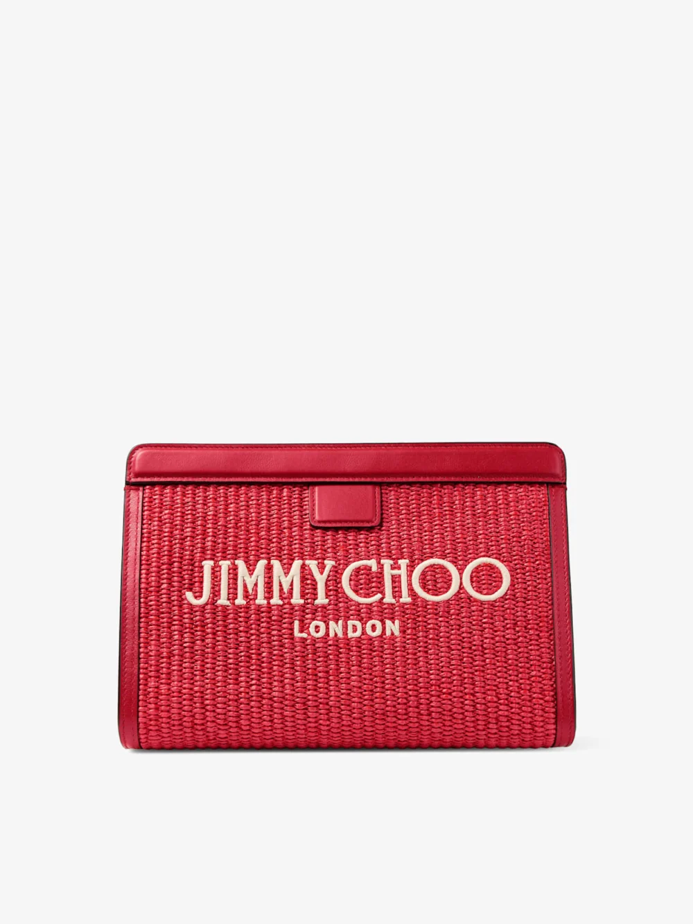 Jimmy Choo Avenue London Pouch Ruby Red and Light Gold Embroidered Raffia and Leather Pouch in ruby red