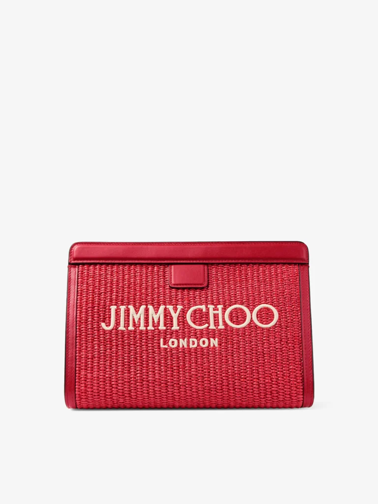 Jimmy Choo Avenue London Pouch Ruby Red and Light Gold Embroidered Raffia and Leather Pouch
