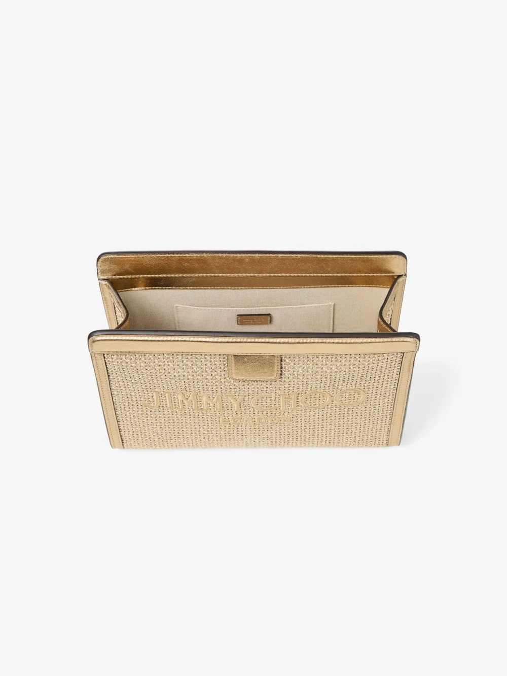 Back view of the Jimmy Choo Avenue Pouch Gold and Dark Cappuccino Metallic Embroidered Raffia Pouch