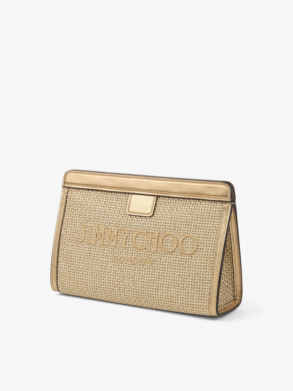 Close-up detail of the Jimmy Choo Avenue Pouch Gold and Dark Cappuccino Metallic Embroidered Raffia Pouch