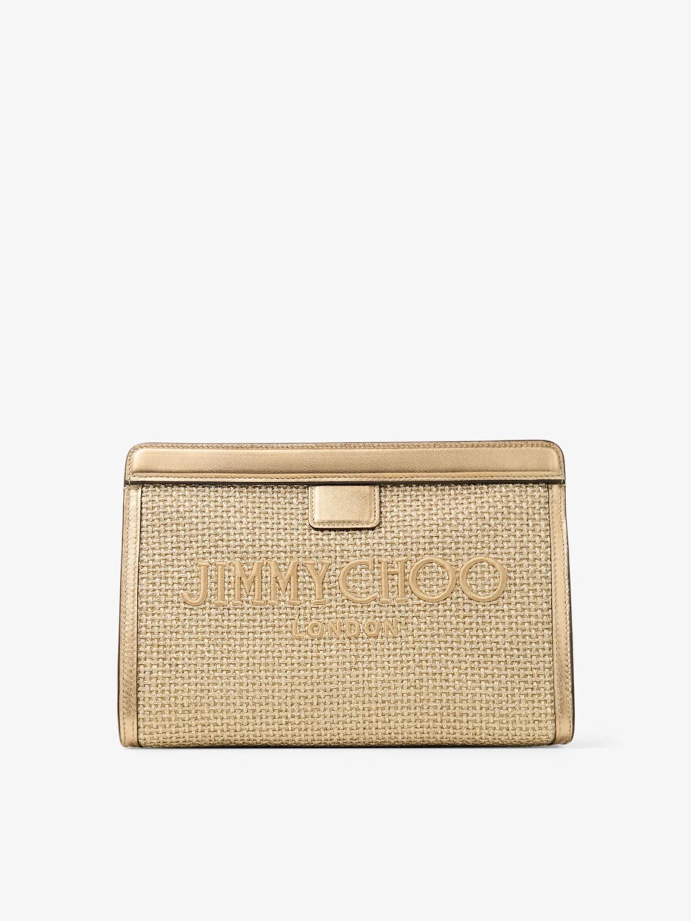 Jimmy Choo Avenue Pouch Gold and Dark Cappuccino Metallic Embroidered Raffia Pouch in gold