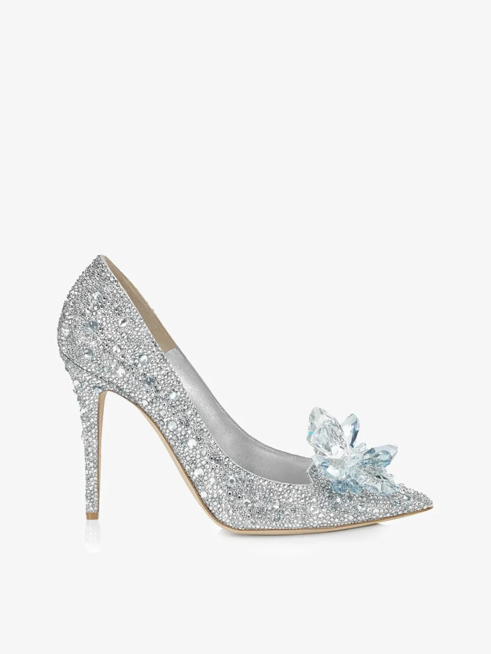 Side view of the Jimmy Choo Avril Crystal Covered Pointy Toe Pumps