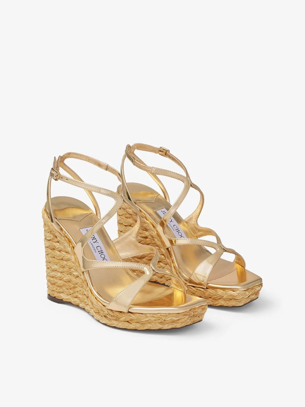 Close-up detail of the Jimmy Choo Ayla 110 Gold Metallic Leather Wedge