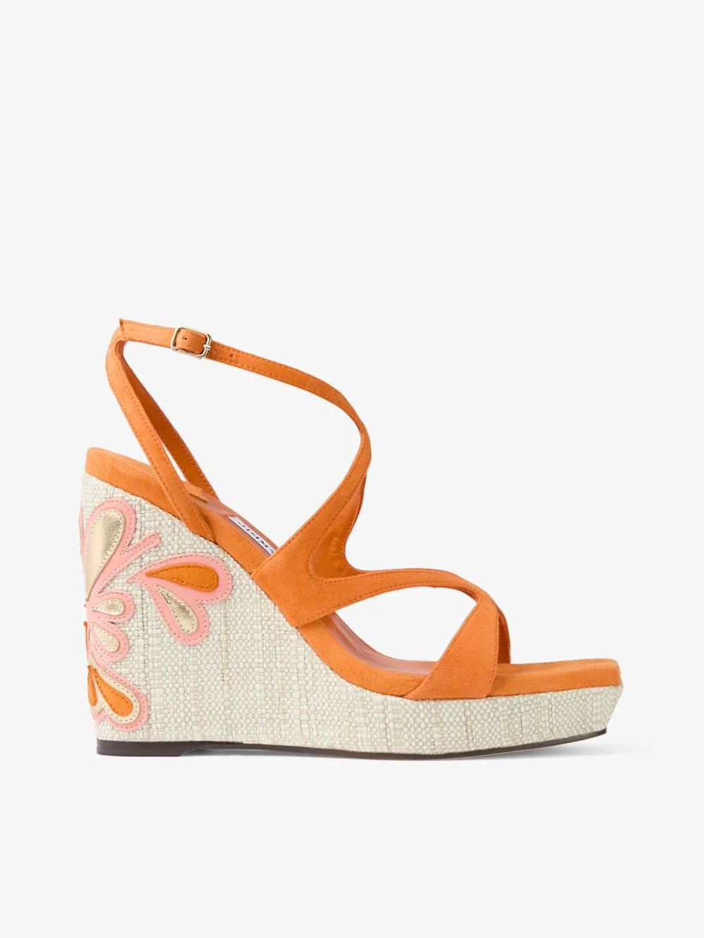 Jimmy Choo Ayla 110 Sunset Orange and Natural Mix Suede and Nappa Leather Wedges with Fine Raffia in sunset orange