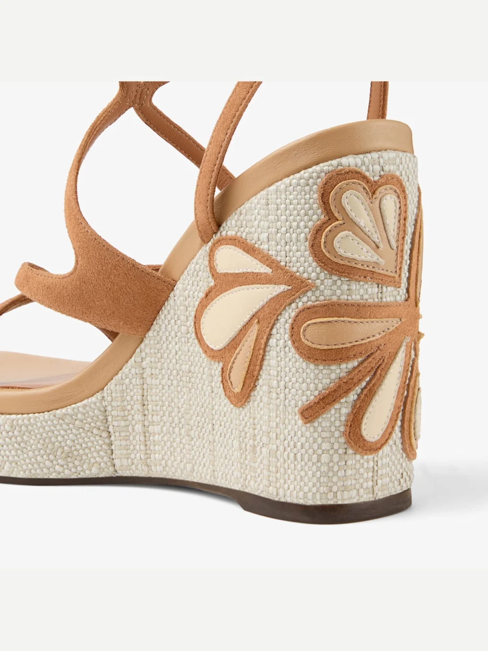 Back view of the Jimmy Choo Ayla 110 Toffee and Natural Mix Suede and Nappa Leather Wedges with Fine Raffia