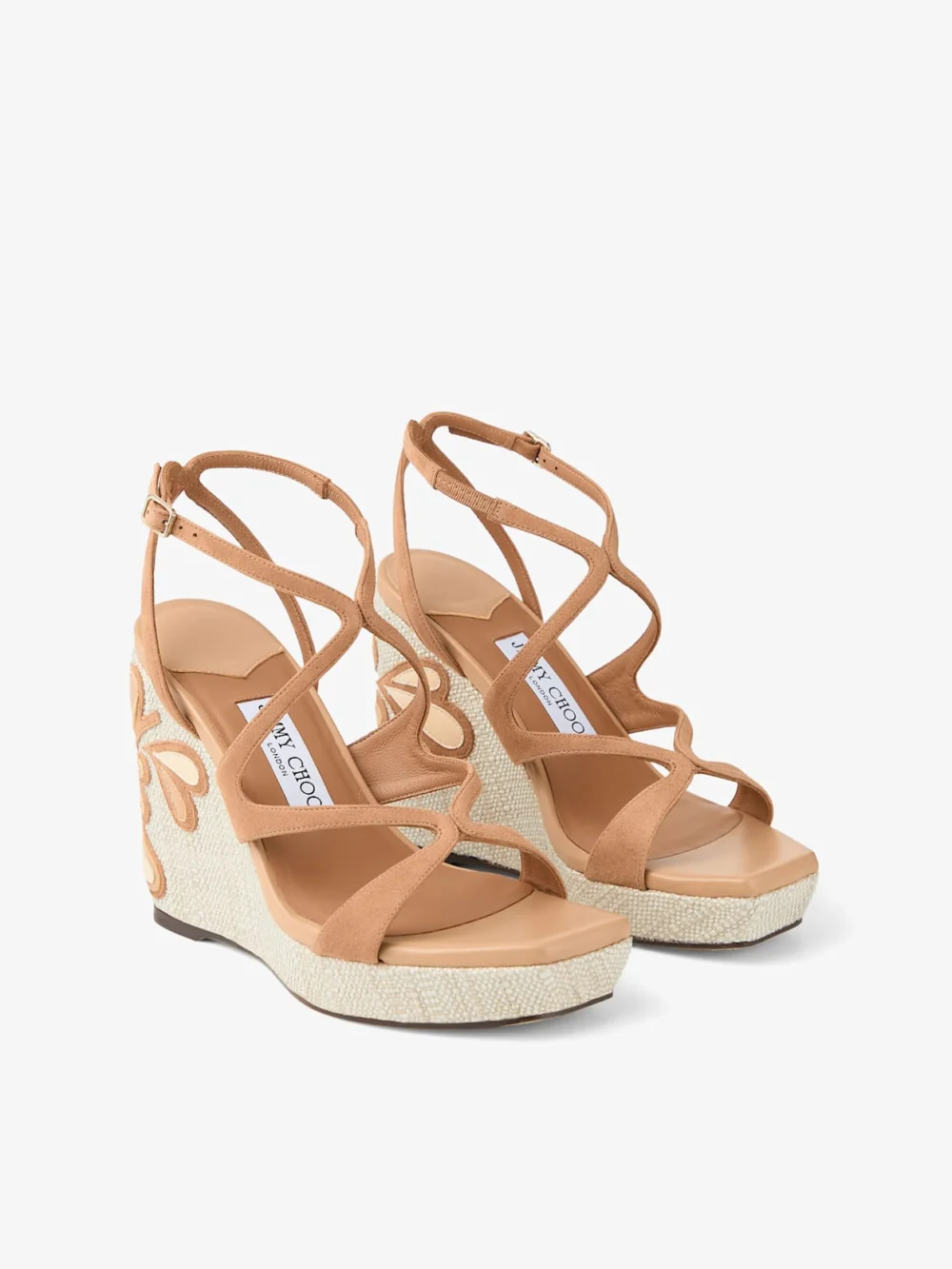 Close-up detail of the Jimmy Choo Ayla 110 Toffee and Natural Mix Suede and Nappa Leather Wedges with Fine Raffia