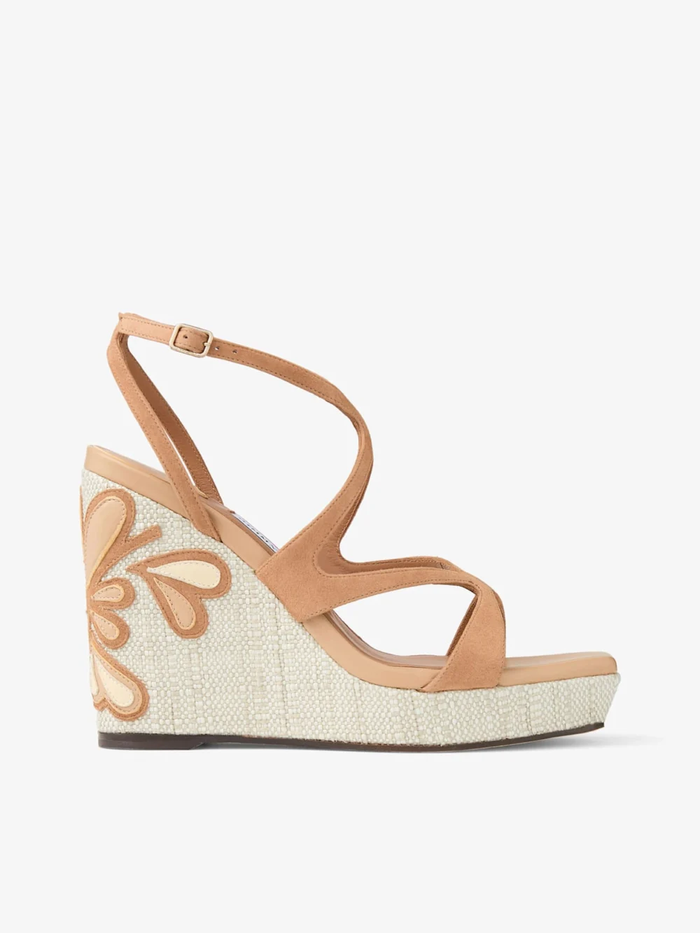 Jimmy Choo Ayla 110 Toffee and Natural Mix Suede and Nappa Leather Wedges with Fine Raffia in toffee