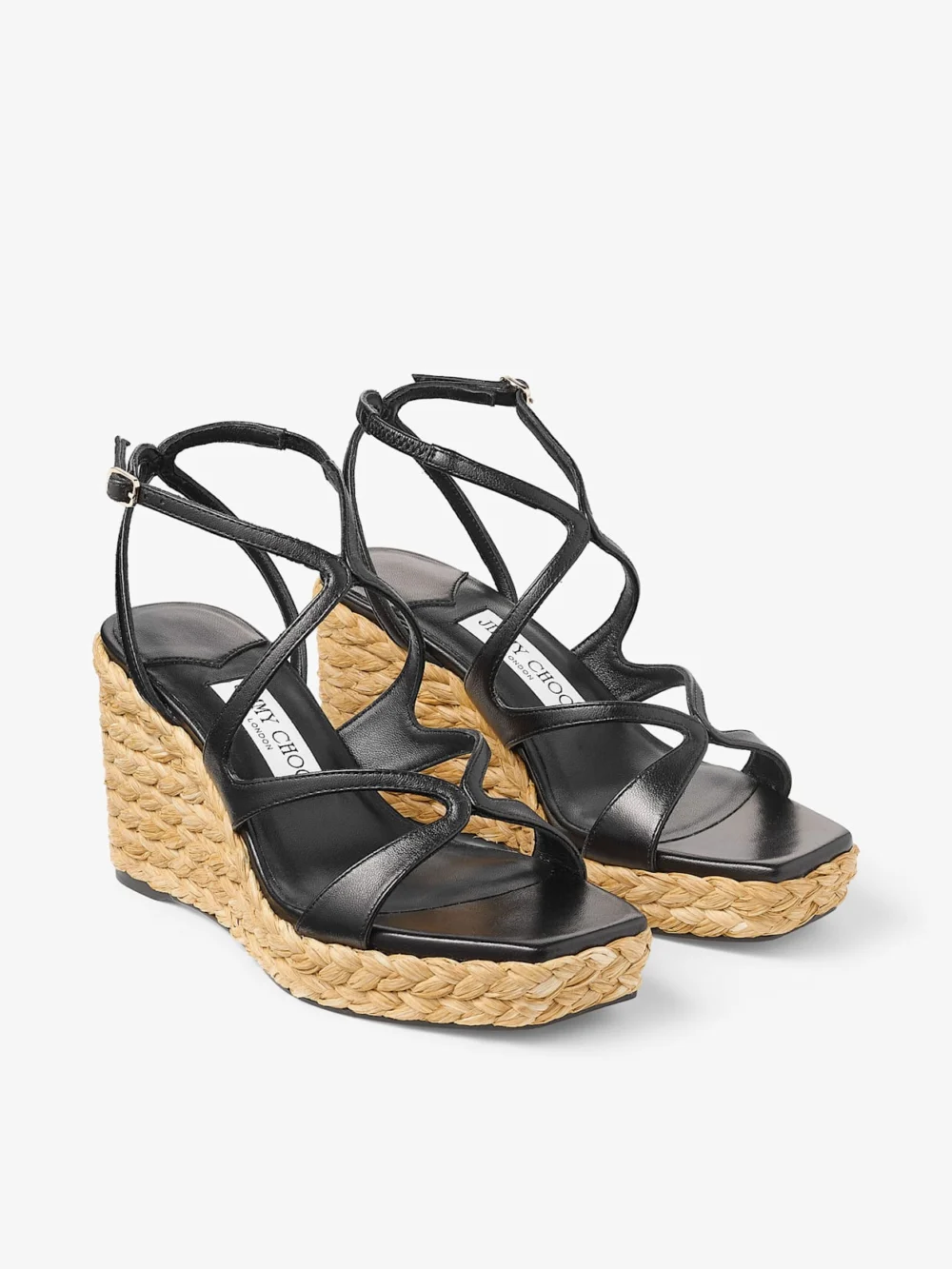 Close-up detail of the Jimmy Choo Ayla 85 Black Nappa Leather Wedge