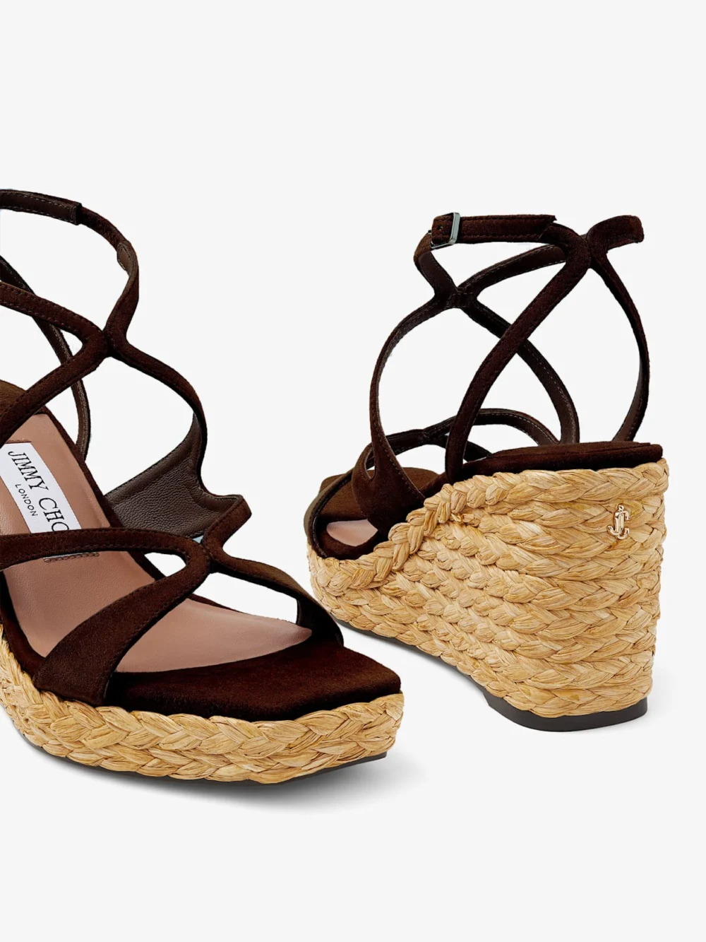 Back view of the Jimmy Choo Ayla 85 Coffee Suede Wedge